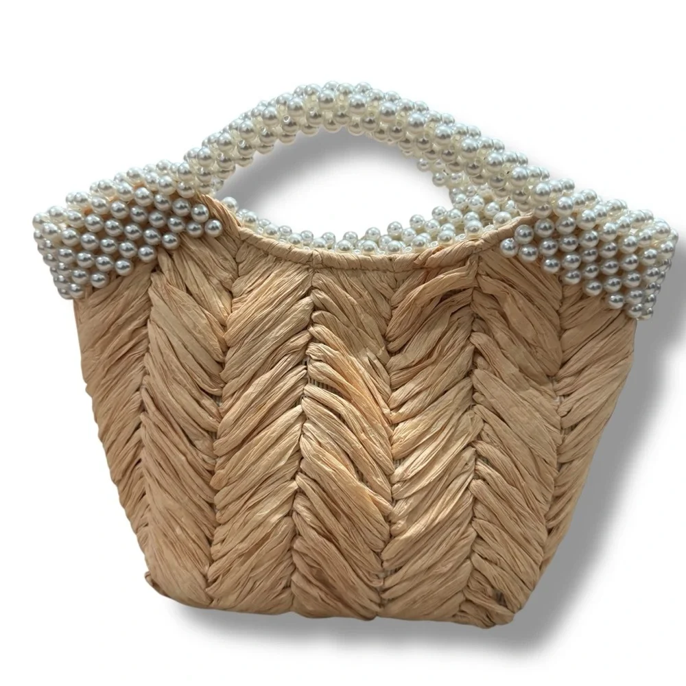 Zara Pearl Straw Rattan Handbag Crossbody Convertible Bag with Gold Chain - Picture 2 of 7